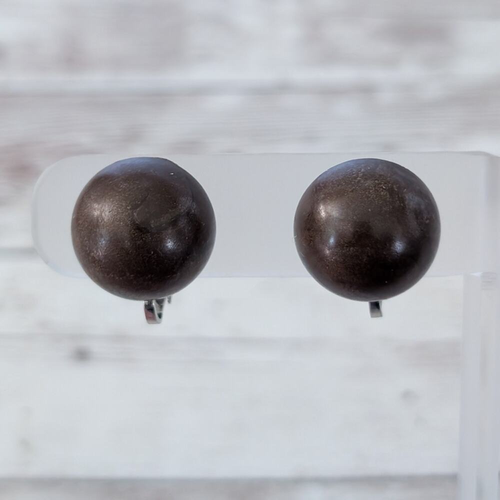 Vintage Clip On Earrings Dark Brown Domed Circle Retro